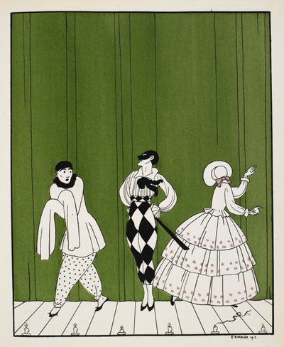 ロベルト・シューマンが作曲した 1910 年のバレエ「カーニバル」の 3 人の登場人物。 左はマイムアーティスト。 真ん中にいるのは、白いシャツに黒いネクタイ、チェックのズボン、マスクを着用した男性です。 右は後ろ向きの女性 作： Georges Barbier