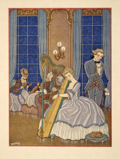 犠牲者を誘惑するヴァルモン、Pierre Chodlerlos de Laclos (1741-1803) pub による「Les Liaisons Dangereuses」のイラスト。 1934年（ステンシルプリント） 作： Georges Barbier