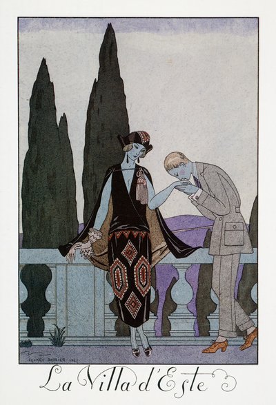 フィレンツェ近郊のヴィラ デステ、George Barbier (1882-1932) によるリトグラフ、Falbalas et Fanfreluches、Almanach des Modes Presentes、Passees et Futures から 作： Georges Barbier