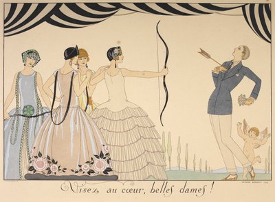 Visez au coeur, belles dames. 目指せハートレディ。 女性が男性の心臓を矢で射抜く。 作： Georges Barbier