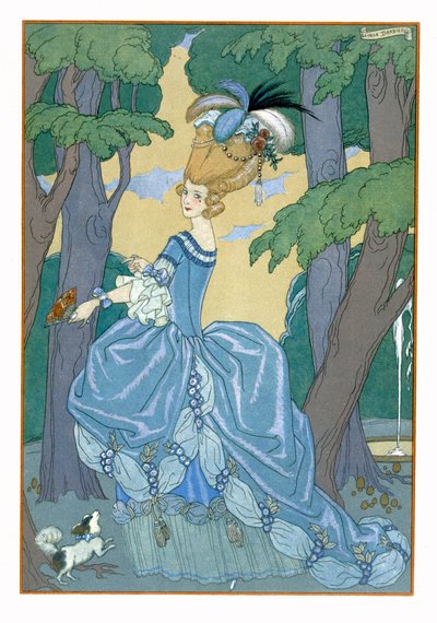 森の中を歩く、Paul Verlaine（1844-96）による「Fetes Galantes」のイラスト、1928年（pochoir print） 作： Georges Barbier
