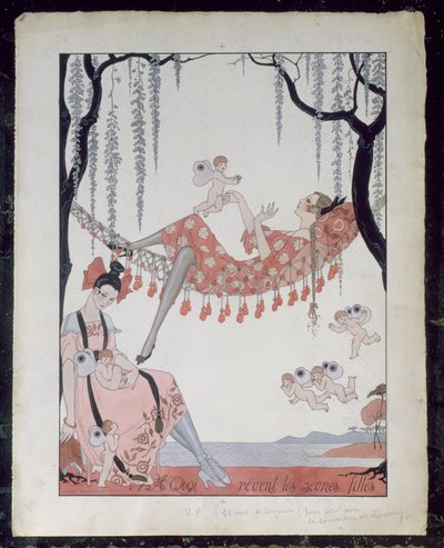 若い女性の夢は？ 1918年（紙にペン、インク、水彩） 作： Georges Barbier