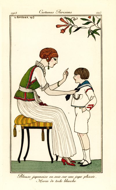 日本の絹のブラウスと長いプリーツ スカートの女性 作： Georges Barbier