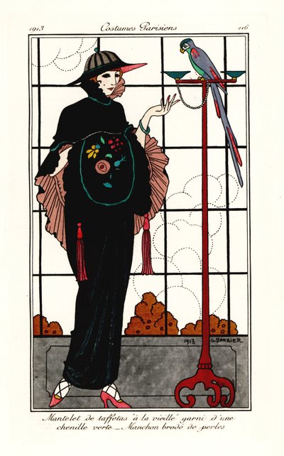 オウムと古いタフタの岬の女性 作： Georges Barbier