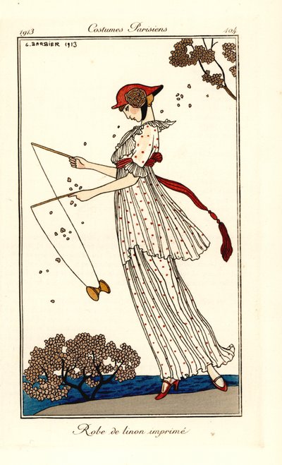 ディアボロを演奏するプリントリネンのドレスを着た女性 作： Georges Barbier
