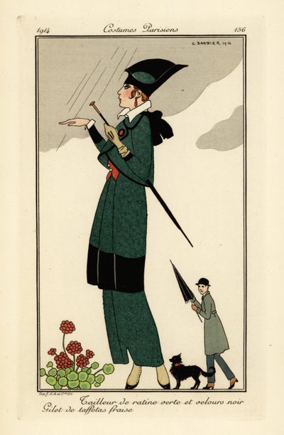 緑のラティーヌと黒のベルベットのスーツを着た女性。 作： Georges Barbier