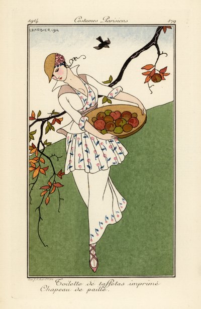 麦わら帽子とプリント タフタのドレスを着た女性。 作： Georges Barbier
