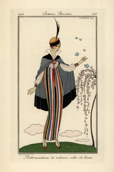 短いベルベットのコートを着た縞模様のリネンのドレスを着た女性。 作： Georges Barbier