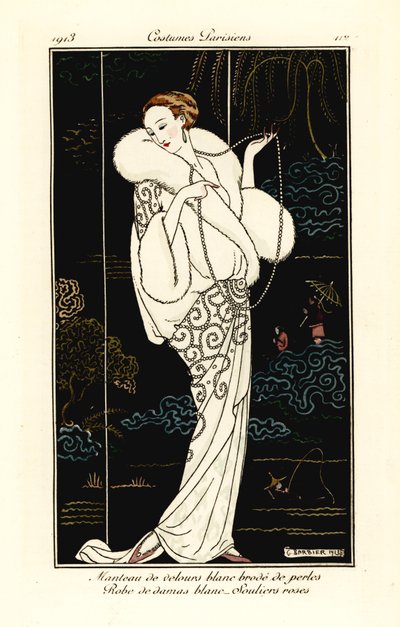 ベルベットのマント、ダマスク織のドレス、ピンクのスリッパを履いた女性。 作： Georges Barbier