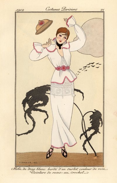 ピンクのトリムが付いた白いウールのドレスを着た女性、かぎ針編みのバラのベルト、風で帽子を失っている. Robe de drap blanc borde d’un ourlet couleur de rose, ceinture des roses en crochet. ジョージ・バルビによるイラストの後の手彩色のポチョワール (ステンシル) エッチング 作： Georges Barbier