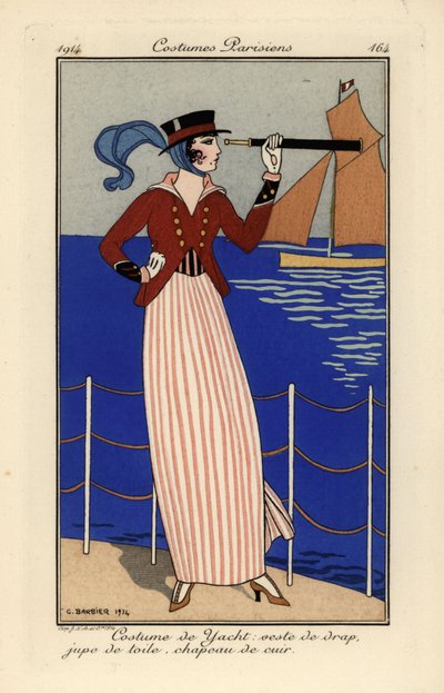 望遠鏡を持ってヨットの衣装を着た女性。 作： Georges Barbier