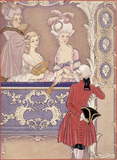 シアターボックスの女性、1920年代に出版されたピエールチョデルロスデラクロス（1741-1803）による「危険な関係」のイラスト（ポショワールプリント） 作： Georges Barbier