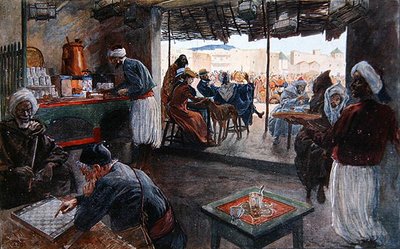 モロッコのカフェ、1900年頃（カラーリトグラフ） 作： Georges Bertin Scott