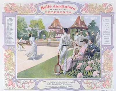 芝生テニス、衣料品店「ラベルジャルディニエール」のカレンダーからの8月のイラスト、1906 作： Georges Bertin Scott