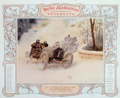 モーターレーシング、洋服店「La Belle Jardiniere」のカレンダーの6月のイラスト。 作： Georges Bertin Scott