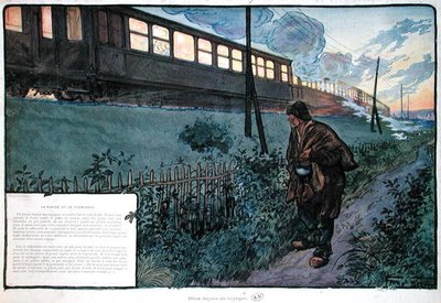 急行列車と浮浪者という2つの移動手段 20世紀初頭（カラーリトグラフ） 作： Georges Bertin Scott