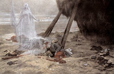 瀕死の兵士のもとに現れた2人の白人女性 作： Georges Bertin Scott