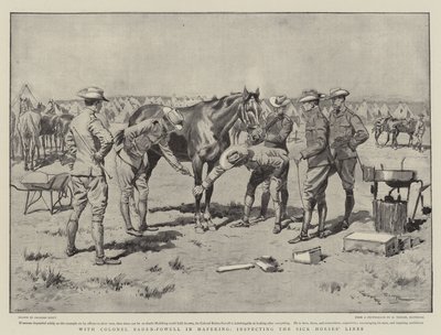 マフェキングのバーデン・パウエル大佐と一緒に、病気の馬のラインを検査する 作： Georges Bertin Scott