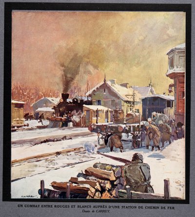鉄道駅での赤衛兵と白衛兵の戦い（『Histoire des Soviets』より）。1922年（カラーリトグラフ） 作： Georges Carrey