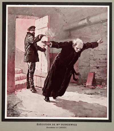 OGPUによるブツキェヴィッチ修道士の処刑（『ソビエト歴史』より）。1922年（カラーリトグラフ） 作： Georges Carrey