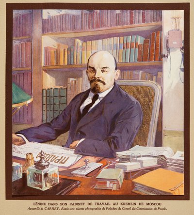 モスクワ、クレムリンの執務室でのレーニン。1922年（カラーリトグラフ） 作： Georges Carrey