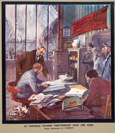 1917年革命当時、ソビエトの工場で働く労働者の統制（Histoire des Soviets, pub.1922年（カラーリトグラフ） 作： Georges Carrey