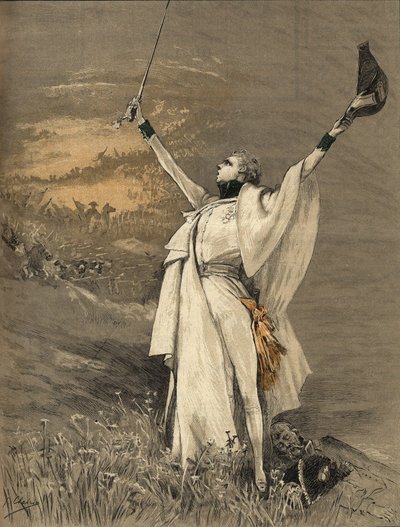 皇帝ナポレオン1世（1769-1821）の息子であるライヒシュタット公爵を演じたサラ・ベルナール（1844-1923）と呼ばれる女優、ヘンリエット・ロジン・ベルナール（1900年、ジョルジュ・ジュール・ヴィクトル・クレイラン（1843-1919）によるエングレーヴィング作品。 作： Georges Clairin
