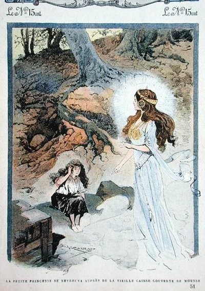 古い棺の前にいるリトル プリンセス、「モン ジャーナル」誌の童話からのイラスト 作： Georges Conrad