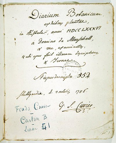 キュビエのサインが入った「Diarium Botanicum」のカバーページ 作： Georges Cuvier