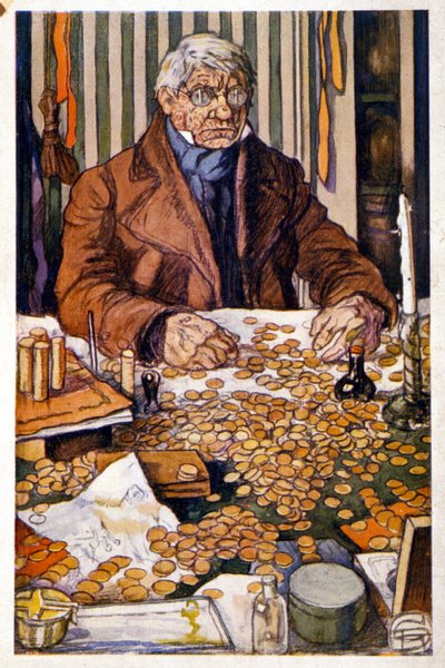 お金を数えるグランデ氏 - Honore de Balzacの "Eugenie Grandet "の挿絵, coll.理想の図書館 作： Georges Dupuis