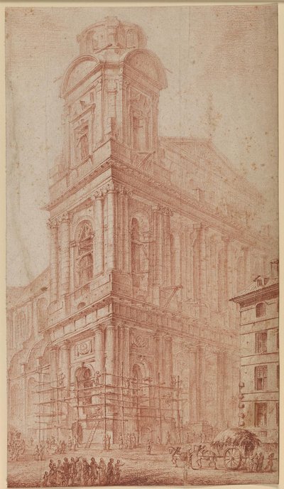 完成間近の S. Sulpice のファサード - 右側、もう存在しない家の前のカート。 前景の見物人で 作： Georges François Blondel