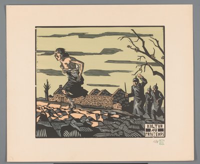 野原を横切る 3 人の兵士から半裸で逃げる女性 Culture au printemps (オブジェクトのタイトル) 作： Georges Hermann Rene Paul