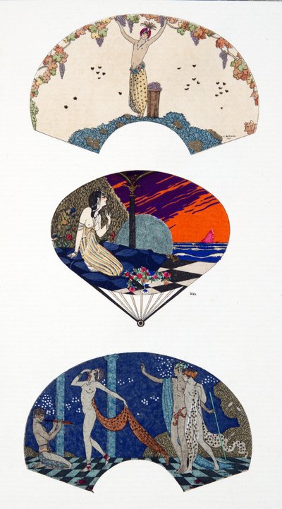 G. Barbier と Paul Iribe にちなんで、Paquin によるファン。 プレート 42、Journal des Dames et des Modes に掲載された Parisian Costumes から 作： Georges and Iribe Paul Barbier