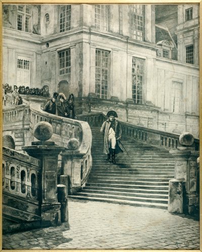 1814年4月4日、退位後のフォンテーヌブローにいるナポレオン - ジョルジュ・ジュール・オーギュスト・カイン（1856-1919）によるエングレーヴィング。 作： Georges Jules Auguste Cain