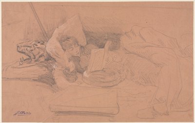 ソファに寄りかかって読書するサラ・ベルナール 作： Georges Jules Victor Clairin