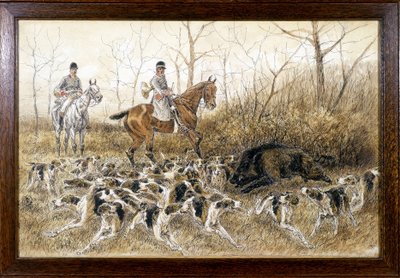 狩りをしているイノシシの周りの犬の群れ - ジョルジュ・ラ・ロック作、1900年頃 作： Georges La Roque