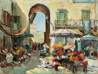 ニースの花市場（キャンバスに油彩） 作： Georges Lapchine