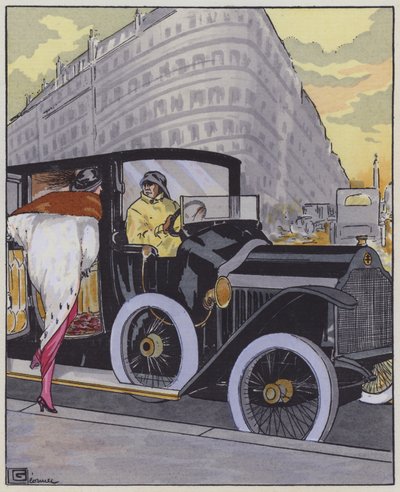 1910年代の女性ファッションと、ロレーヌ＝ディートリッヒの車。(カラーリトグラフ) 作： Georges Leonnec