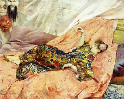 サラ・ベルナールの肖像画、シノワのインテリアでリクライニング、 作： Georges Marie Rochegrosse
