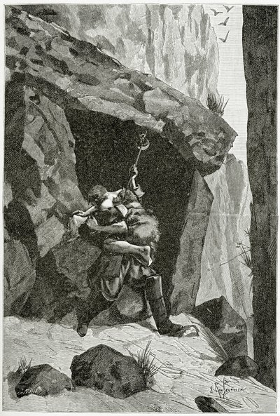 Combat d&39;Han d&39;Islande et d&39;Ordener-19世紀のHan d&39;Islandeからのイラスト（bw彫刻） 作： Georges Marie Rochegrosse