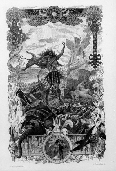 ジョルジュ・アントワーヌ・ロシュグロ（1859-1938）が、ギュスターヴ・フローベールの小説「サランボ」のために描いたイラスト。ローマ人とカルタゴ人による第一次ポエニ戦争（紀元前246-241年）の際の傭兵の戦いを題材にしています。 作： Georges Marie Rochegrosse