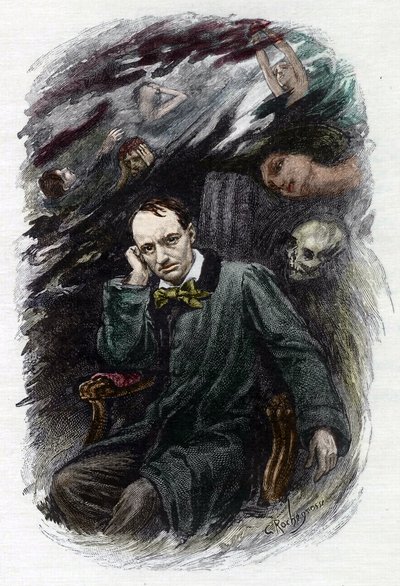 Portrait of the French poet Charles Baudelaire (1827-1861) surrounds his ghosts (Representation of french romantic poet Charles Baudelaire surrounded by ghosts, illustration for “” The flowers of evil””) Illustration by Georges Antoine Rochegrosse (1859-19 作： Georges Marie Rochegrosse