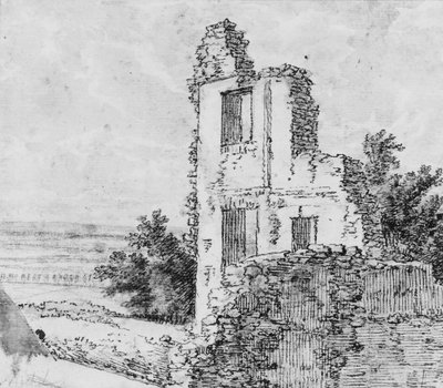 An Allée of Trees in a Park recto, The Ruins of a Building on a Hill verso, n.d.. 作： Georges Michel