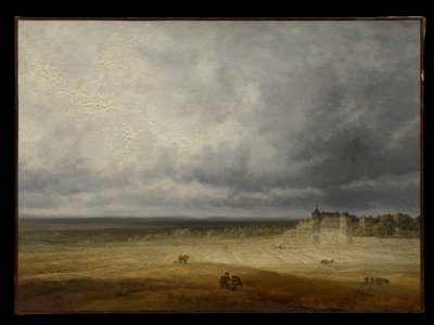 耕された畑と村のある風景 作： Georges Michel