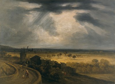 風車のあるモンマルトルの風景 1810-20年頃（油彩、紙、ハードボード、キャンバス） 作： ジョルジュ・ミシェル
