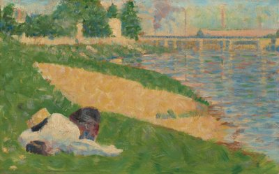 アニエールの入浴者のための銀行研究の服を着たセーヌ川、18831884。 作： Georges Pierre Seurat