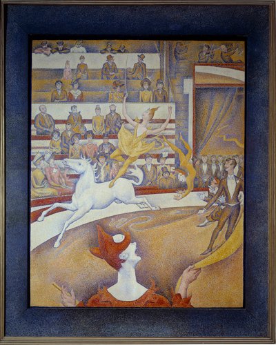 サーカス Une ecuyere......馬、ピエロ、アクロバット。ジョルジュ・スーラ（1859-1891）による絵画 1891年 日1,85x1,52 m パリ、オルセー美術館 作： Georges Pierre Seurat