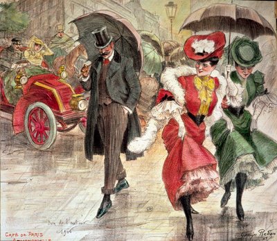 美しい時間: 雨の中を走っている「小さなトロット」の若い女性。 作： Georges Redon