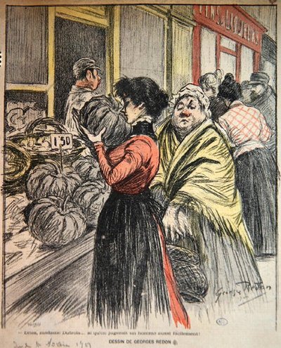 市場でかぼちゃを選ぶ2人の女性 19世紀後半（カラーリトグラフ） 作： Georges Redon