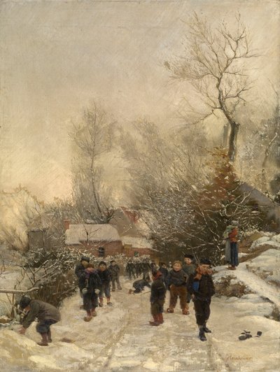 雪の中の子供たちのいる村 (キャンバスに油彩) 作： Georges Reinheimer